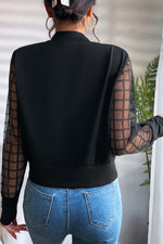 Black Latticed Mesh Sleeve Zip Up Bomber Jacket-1