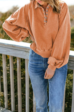 Orange Washed Snap Buttons Lantern Sleeve Pullover Sweatshirt-4