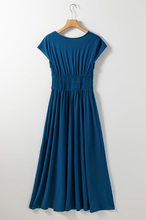 Peacock Blue Short Sleeve Shirred High Waist V Neck Maxi Dress-3