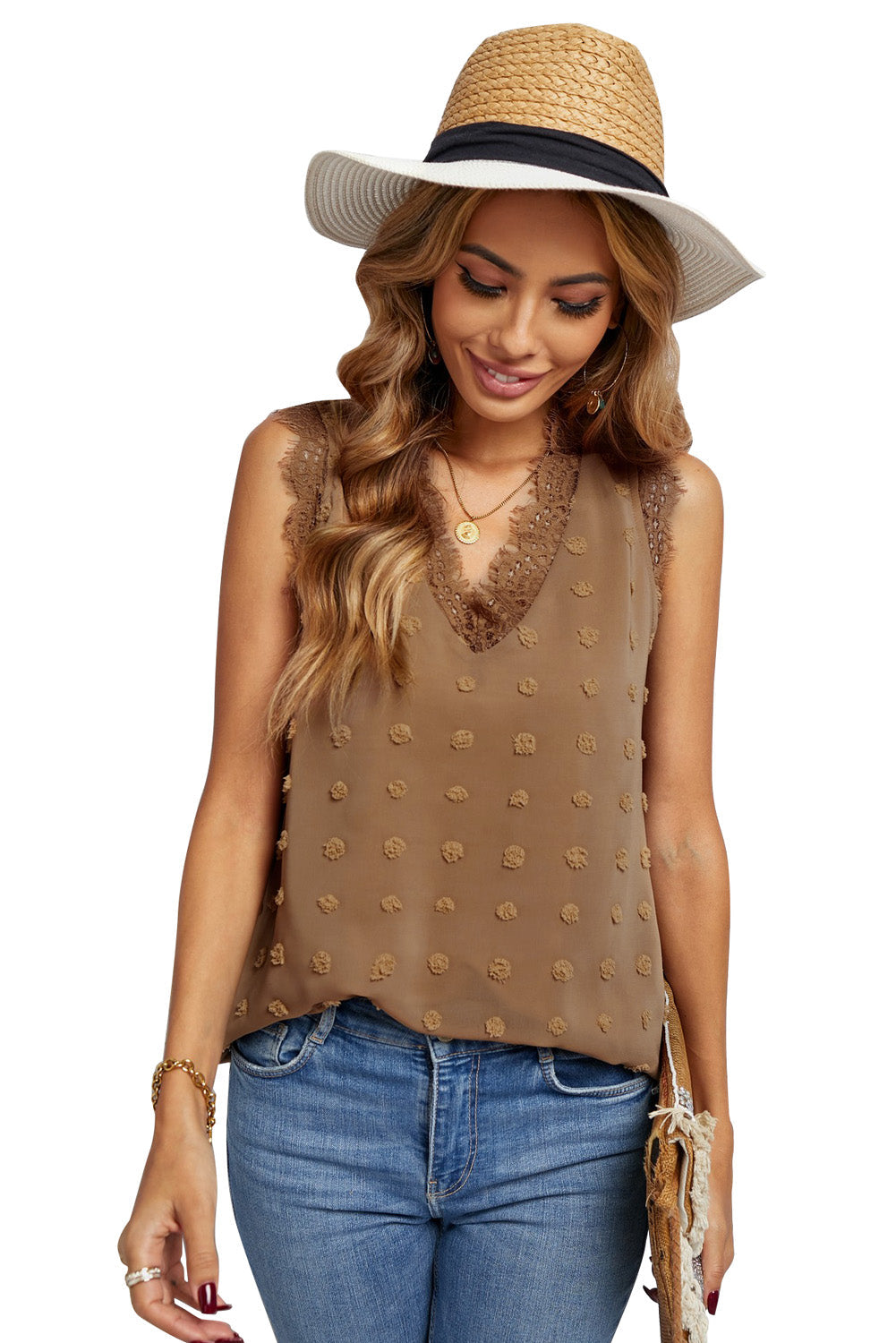 Brown Swiss Dot Lace Stitching V Neck Tank Top-8