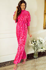 Rose Leopard Loose Sleeve Belted Wide Leg Jumpsuit-3