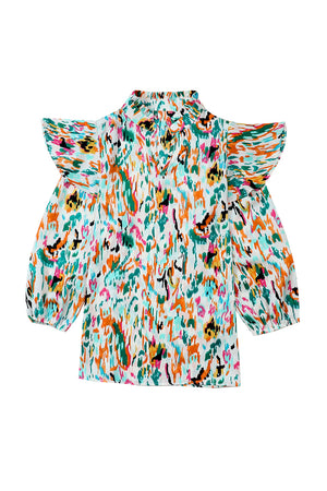Multicolor Abstract Print 3/4 Puff Sleeve Ruffle Blouse-13