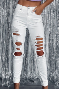 White Distressed Ripped Holes High Waist Skinny Jeans-0