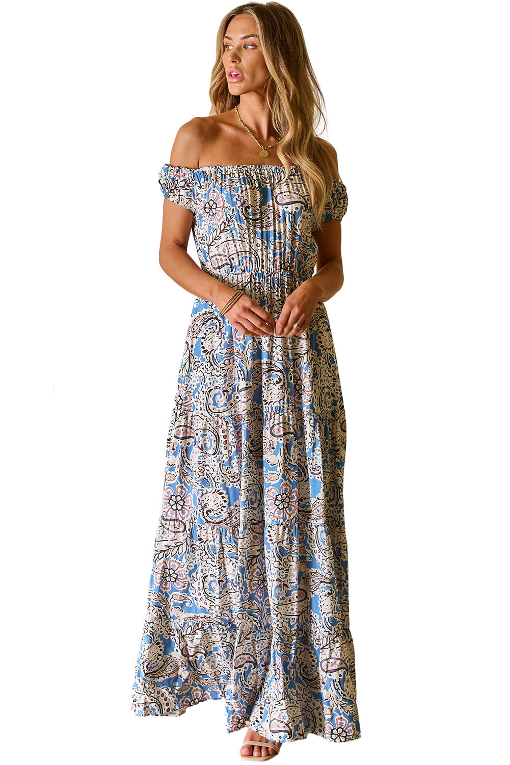 Blue Boho Paisley Print Off Shoulder Maxi Dress-18