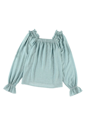 Green Ruffled Square Neck Cuffs Long Sleeve Blouse-17