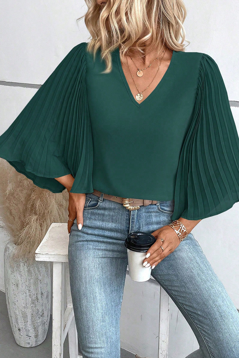 Blackish Green 3/4 Pleated Bell Sleeve V Neck Blouse-3