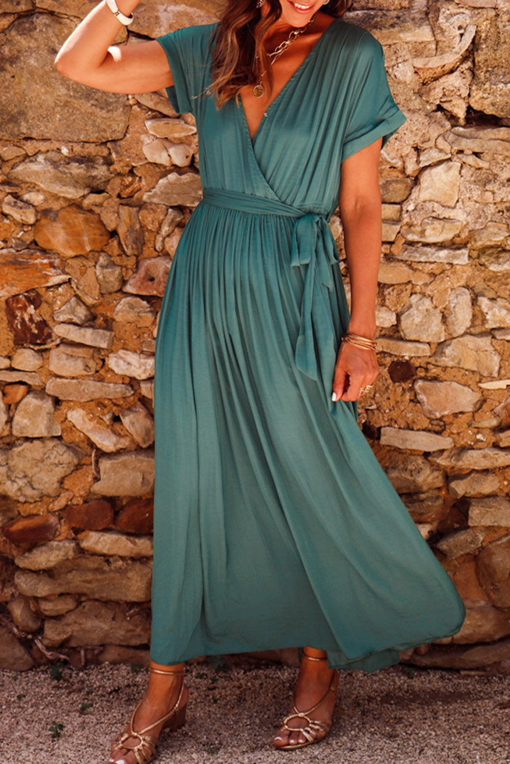 Blackish Green Solid Color V Neck Wrap Pleated Short Sleeve Maxi Dress-0
