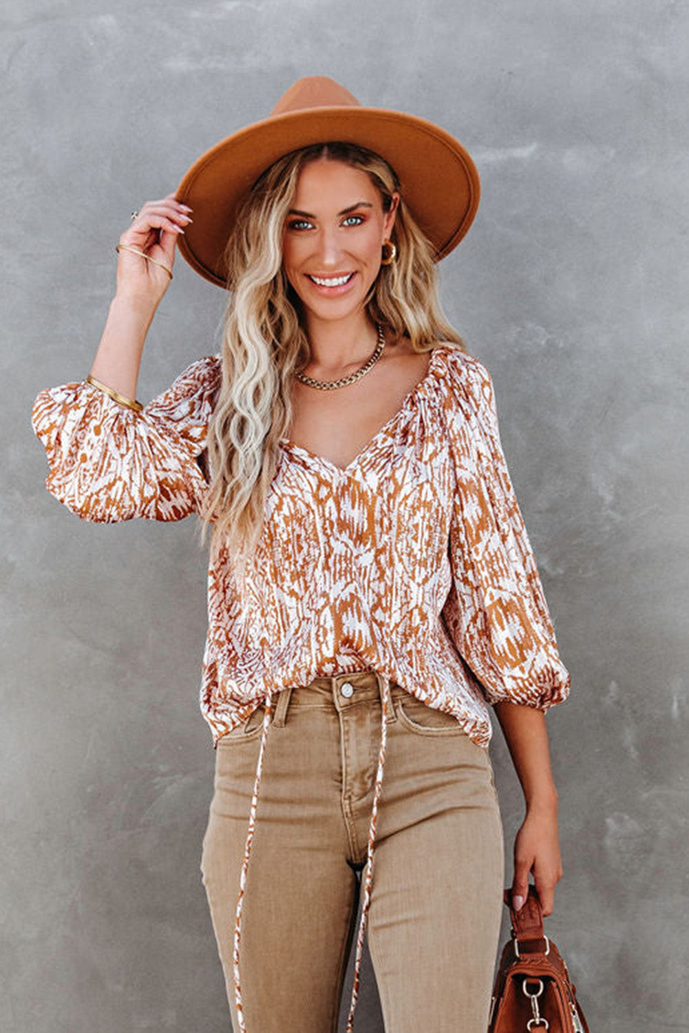 Brown Drawstring Neckline 3/4 Sleeve Printed Blouse-3
