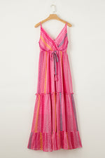 Pink Western Printed Tassel Tie V Neck Wrap Maxi Dress-10