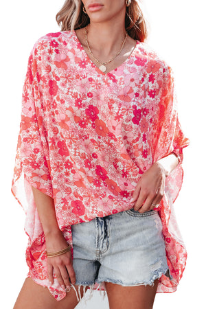 Pink Boho Floral V Neck Kimono Style Blouse-18
