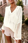 White Open Knit Long Sleeve Pocketed Hooded Sweater-0