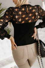 Black Hollowed Floral Lace Splicing Long Sleeve Top-1