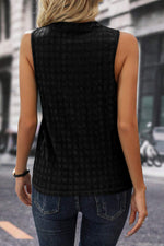 Black Lattice Textured Split Neck Tank Top-1