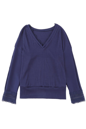 Blue Ribbed Texture Lace Trim V Neck Long Sleeve Top-9