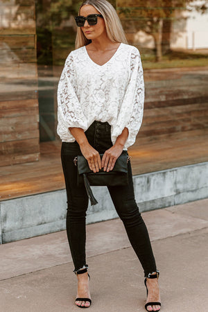 White Floral Lace Crochet Loose Fit V Neck Top-5