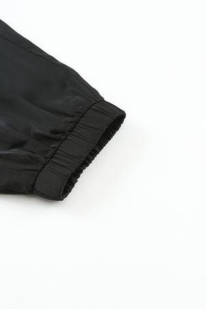 Black Satin Pocketed Drawstring Elastic Waist Pants-14