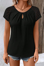 Black Contrast Lace Sleeve Keyhole Decor Top-2