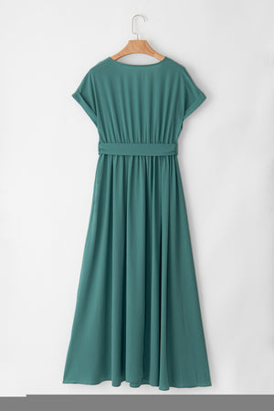 Blackish Green Solid Color V Neck Wrap Pleated Short Sleeve Maxi Dress-5