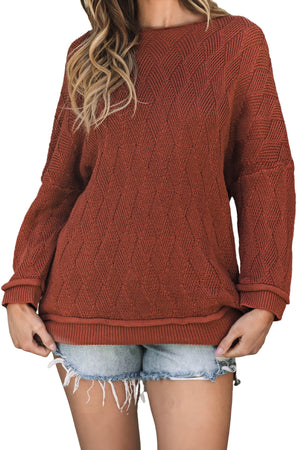Gold Flame Solid Color Textured Crew Neck Loose Sweater-14