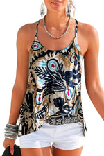 Beige Floral Spaghetti Straps Strappy Back Tank Top-7