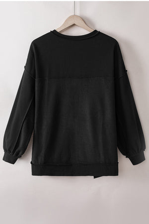 Black Oversized Exposed Seam Henley Sweatshirt-5