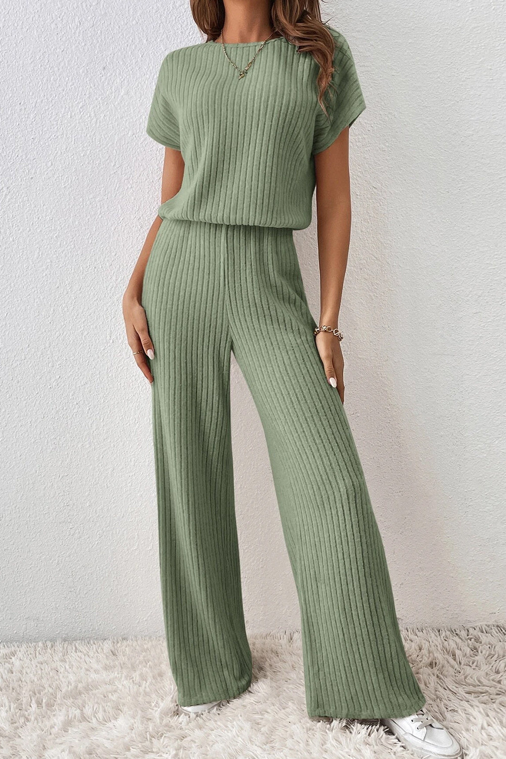 Grass Green Solid Color Ribbed Short Sleeve Wide Leg Jumpsuit-2