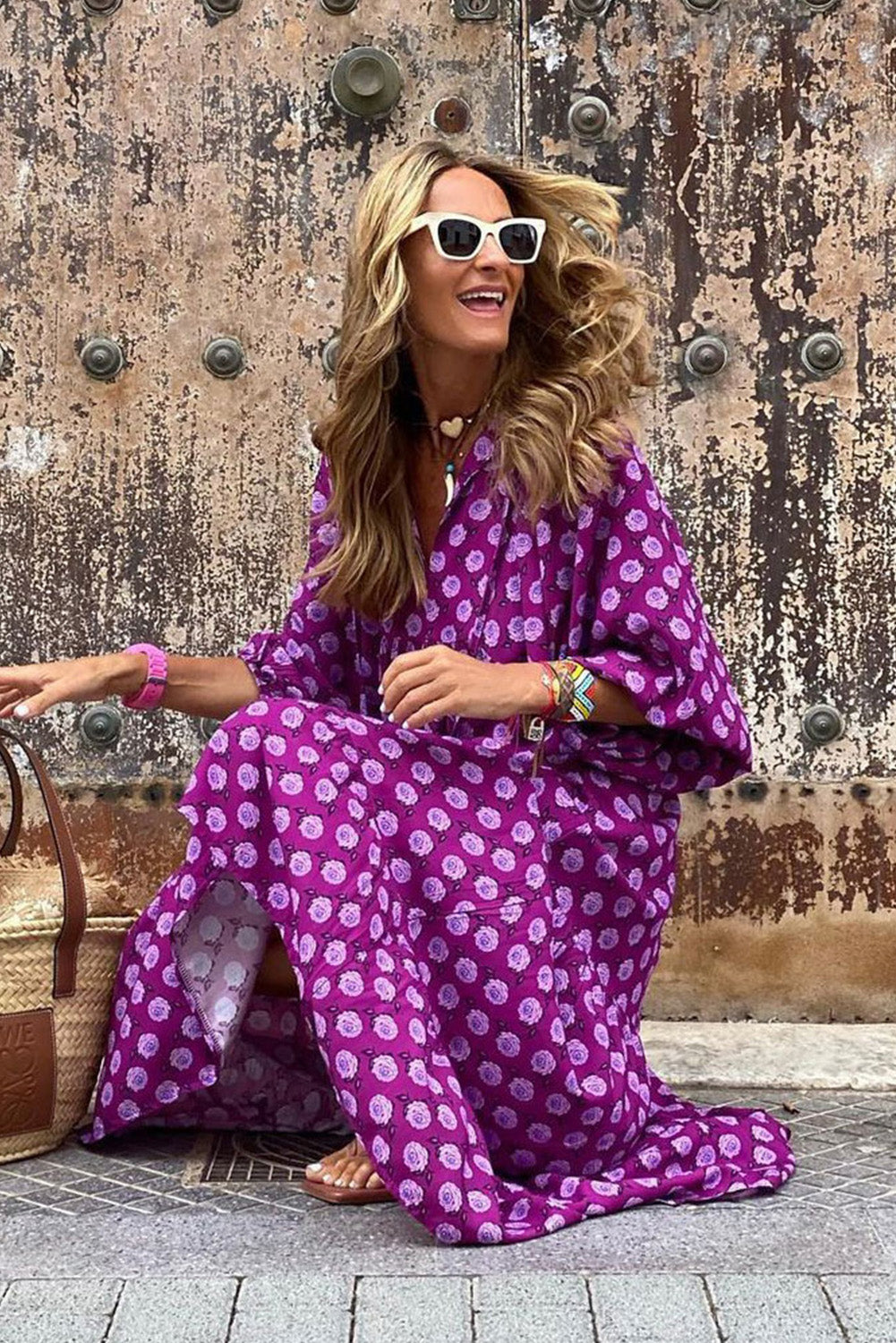 Purple Boho Printed Puff Sleeve Maxi Dress-3