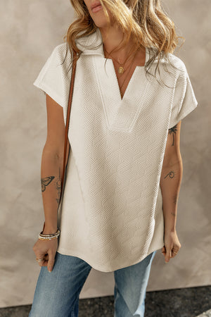 Apricot Textured V Neck Collared Short Sleeve Top-3