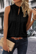 Black Lattice Textured Split Neck Tank Top-2