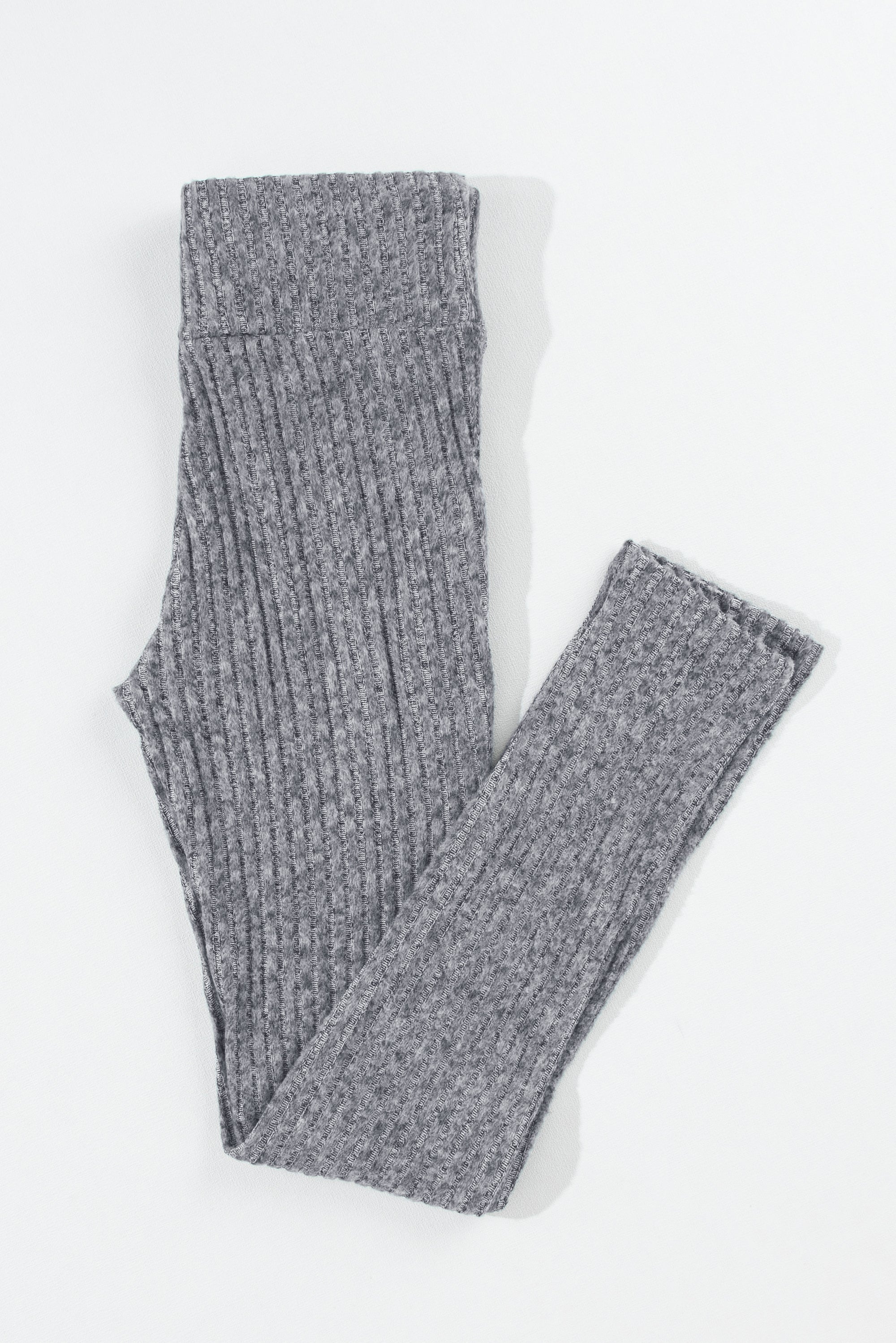 Gray Wide Waistband Ribbed Textured Knit Leggings-5