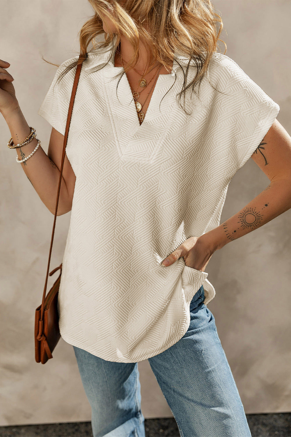 Apricot Textured V Neck Collared Short Sleeve Top-0