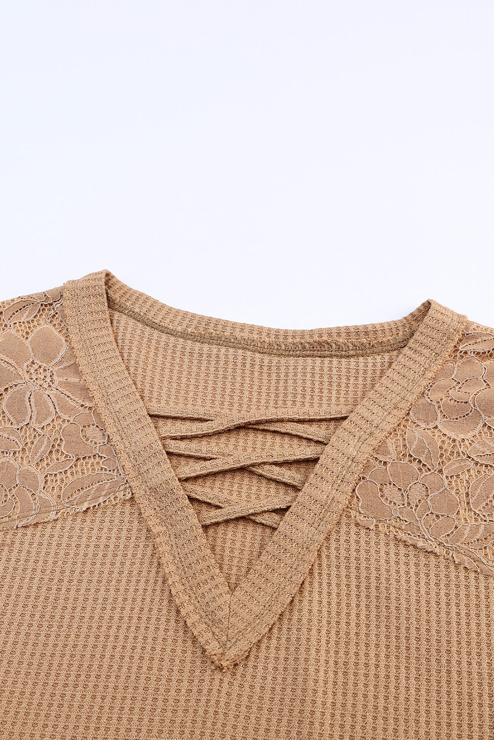 Apricot Lace Waffle Patchwork Strappy V Neck Long Sleeve Top-8