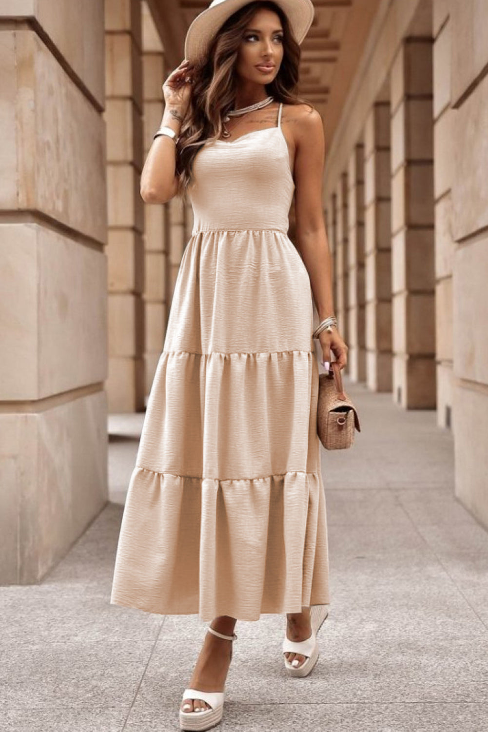 Oatmeal Crossover Backless Bodice Tiered Maxi Dress-3