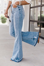 Sky Blue High Waist Buttoned Distressed Flared Jeans-8