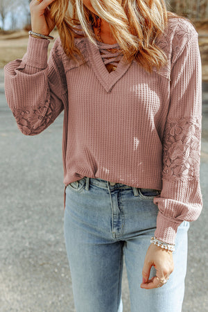 Pink Lace Waffle Patchwork Strappy V Neck Long Sleeve Top-2