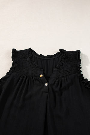 Black Button Split Neck Ruffled Trim Tank Top-11