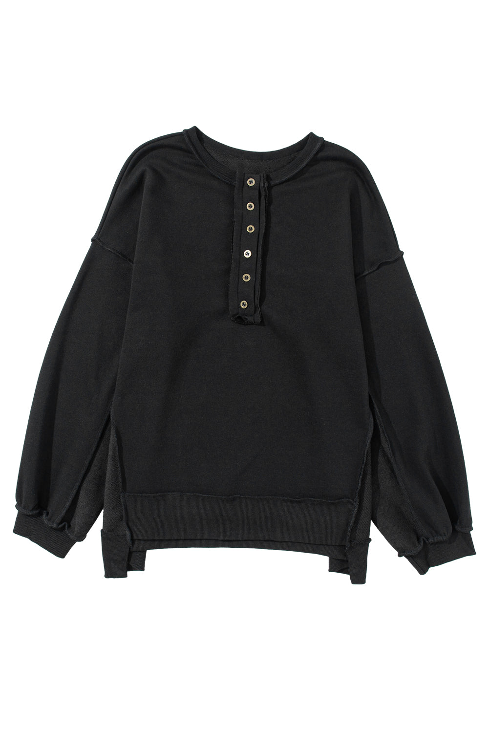 Black Oversized Exposed Seam Henley Sweatshirt-15