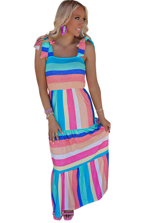 Multicolor Color Block Striped Bow Knot Straps Maxi Dress-14