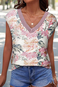 Pink Floral Print Lace Splicing Sleeveless Blouse-0