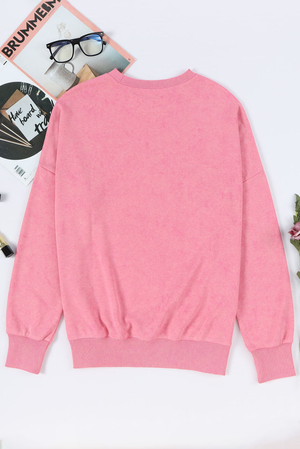 Pink Drop Shoulder Ribbed Trim Oversized Sweatshirt-4