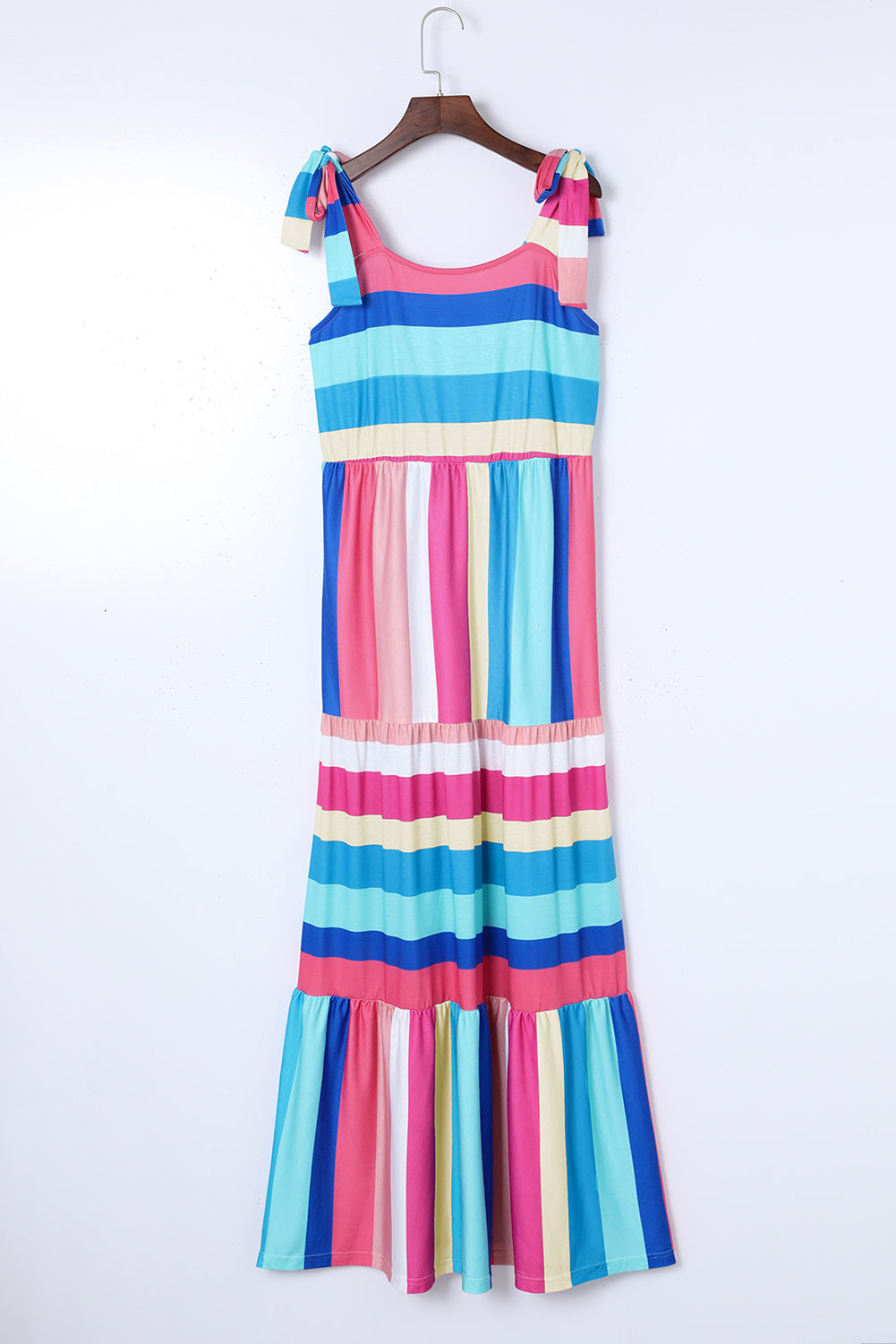 Multicolor Color Block Striped Bow Knot Straps Maxi Dress-6