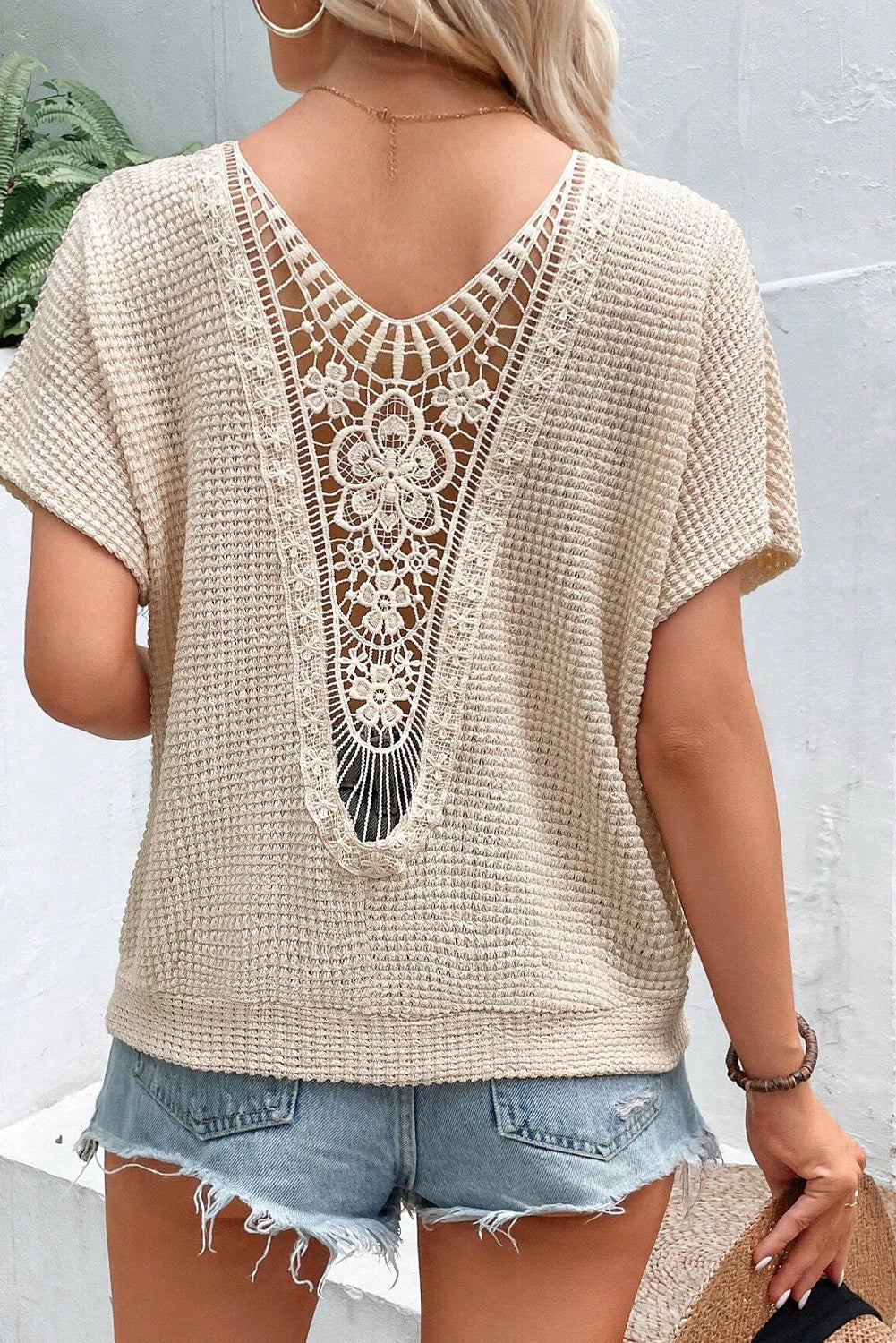 Oatmeal Guipure Lace Patch Textured T-shirt-2