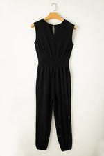 Black Shirred High Waist Sleeveless V Neck Jumpsuit-6