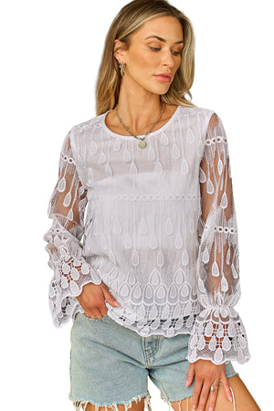 Beige Embroidered Mesh Flounce Sleeve Blouse-22