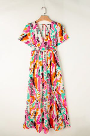 Pink Boho Tie-dye Print V Neck Maxi Dress-13