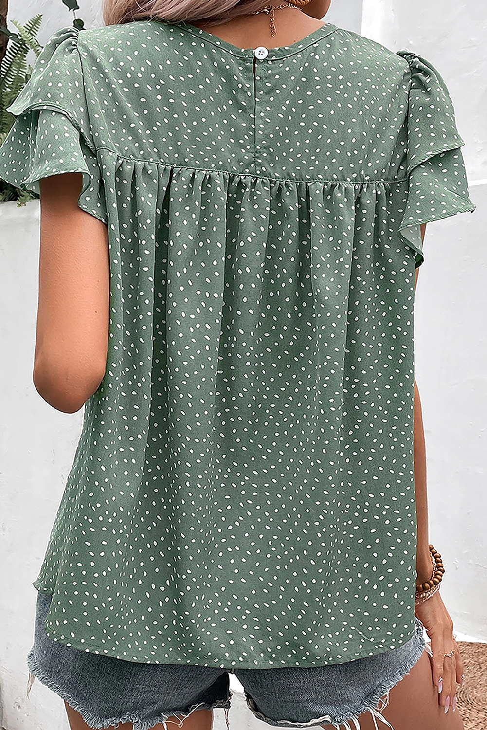 Laurel Green Dotted Ruffle Sleeve Crew Neck Ruched Blouse-1