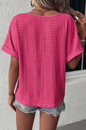 Bright Pink Textured Rolled Sleeve V Neck Tee-1