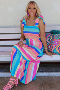 Multicolor Color Block Striped Bow Knot Straps Maxi Dress-3