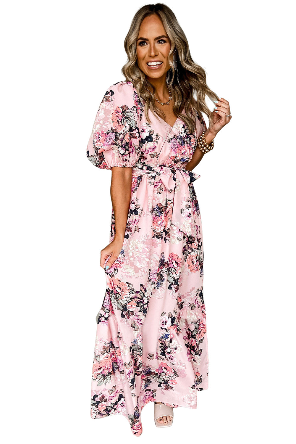 Pink Floral Puff Sleeve High Waist Maxi Dress-18