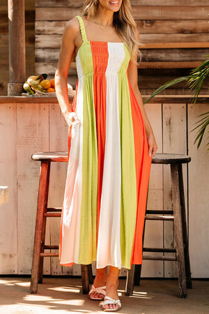 Green Color Block Shirred High Waist Fit and Flare Maxi Dress-5